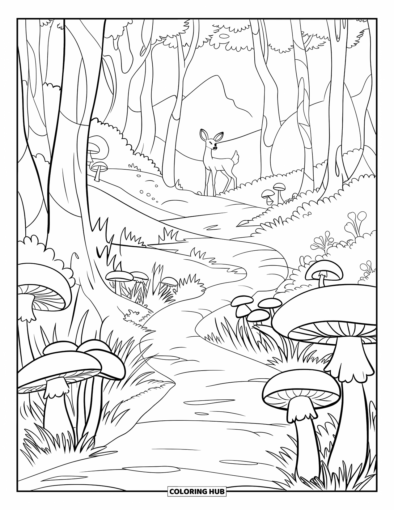 Mushroom Coloring Page for Kids: A forest path with mushrooms and a deer watching from afar