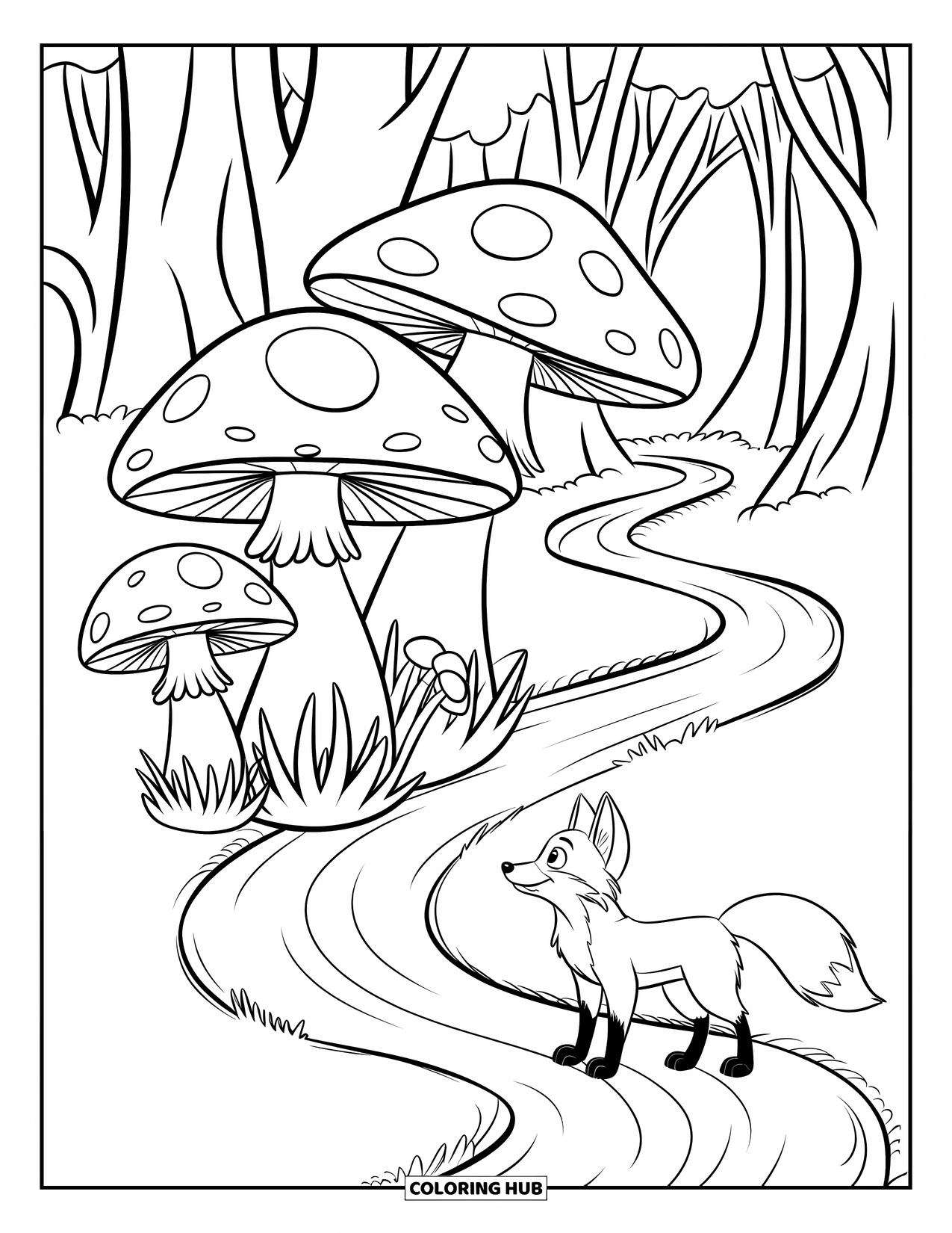 Mushroom Coloring Page for Kids: A fox by a winding path with mushrooms and trees
