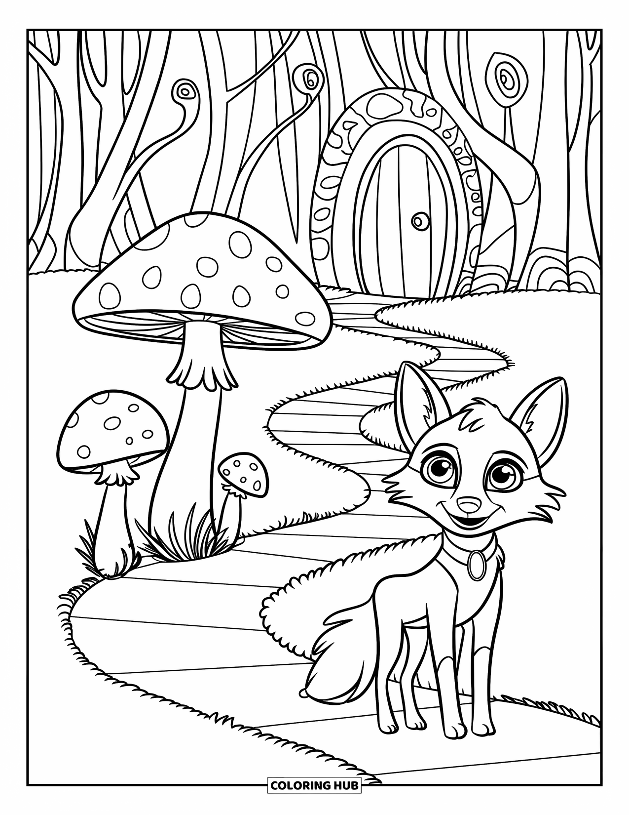 Mushroom Coloring Page for Kids: A fox exploring a path with three mushrooms