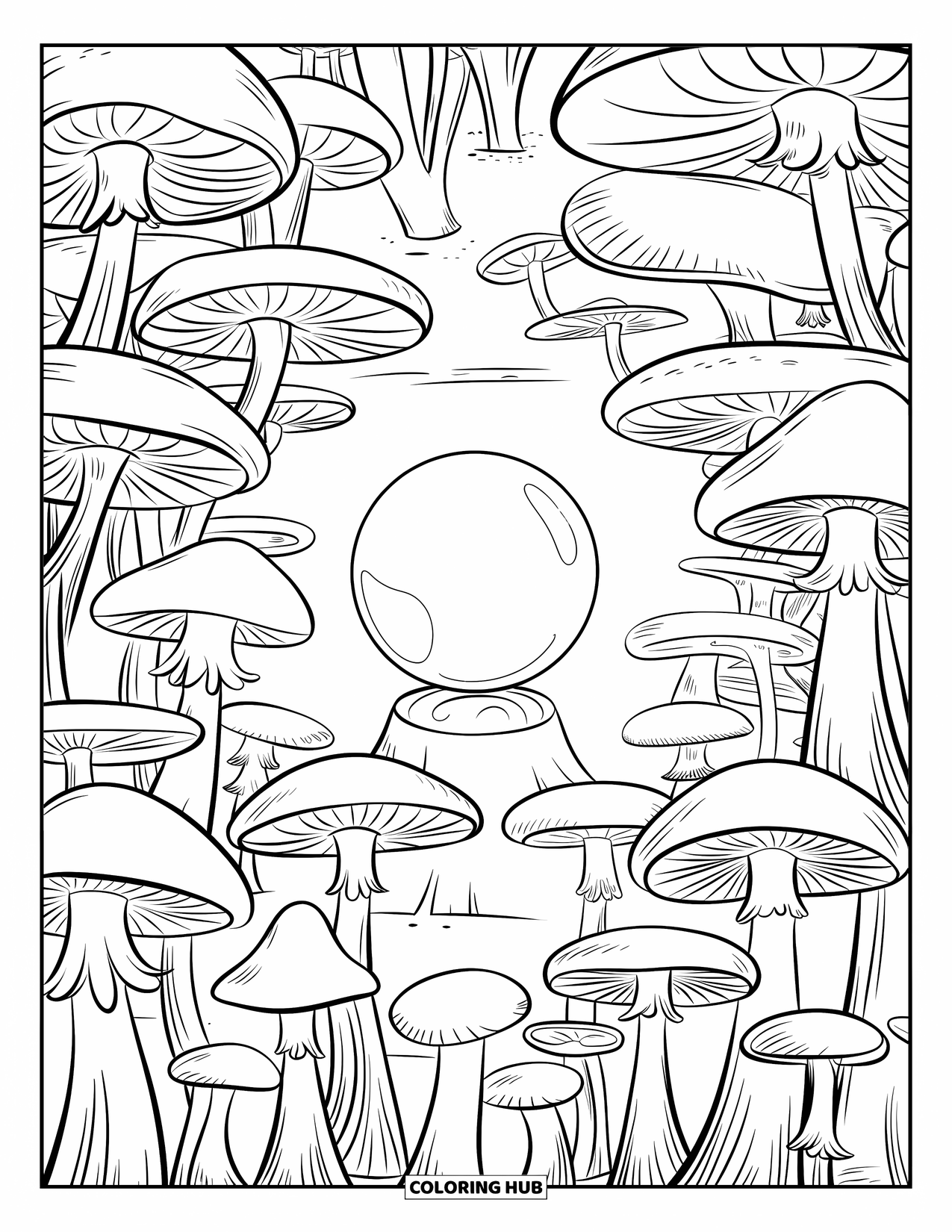 Mushroom Coloring Page for Kids: A glowing orb surrounded by mushrooms in a forest