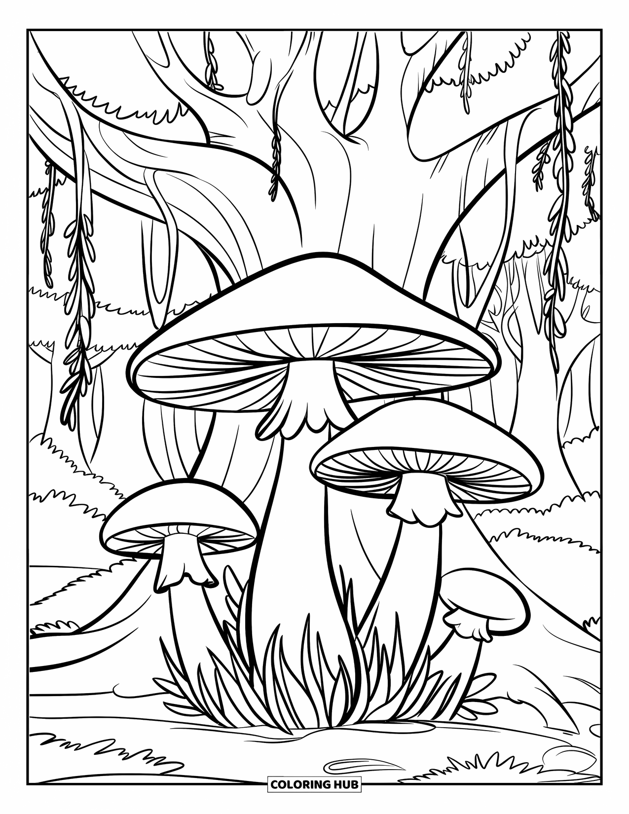 Mushroom Coloring Page for Kids: A group of mushrooms beneath a tree with vines