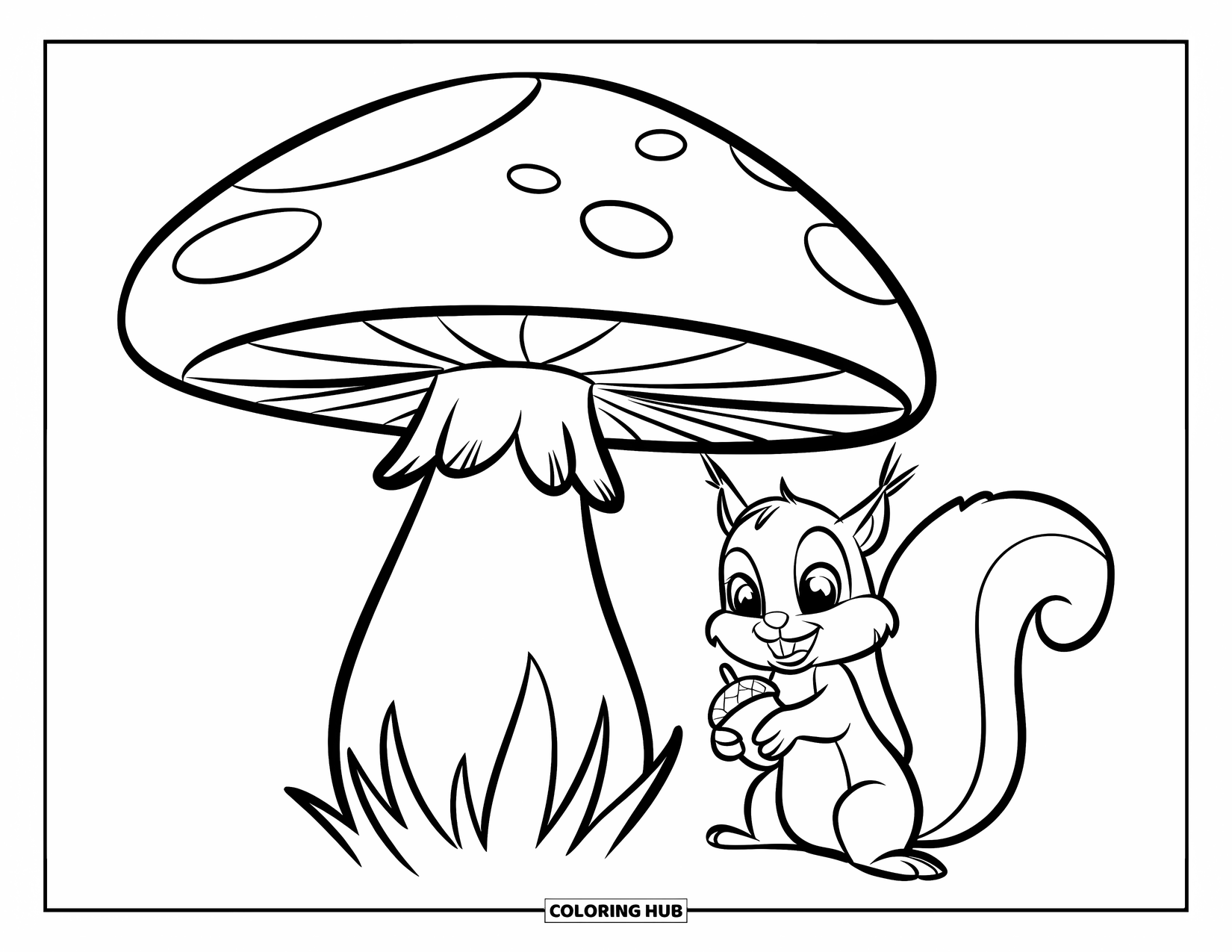 Mushroom Coloring Page for Kids: A happy squirrel sitting on a mushroom with an acorn