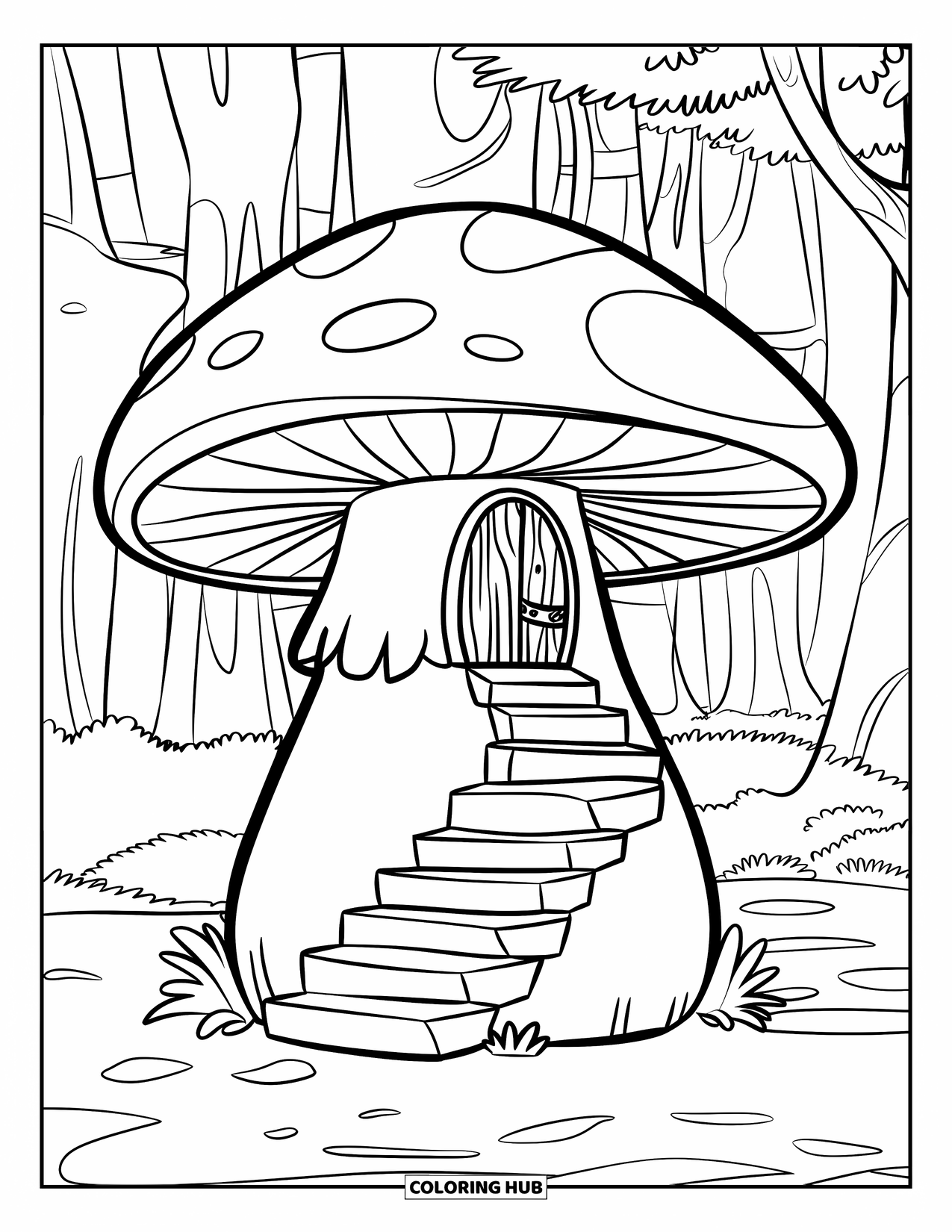 Mushroom Coloring Page for Kids: A hidden door with a staircase on a mushroom