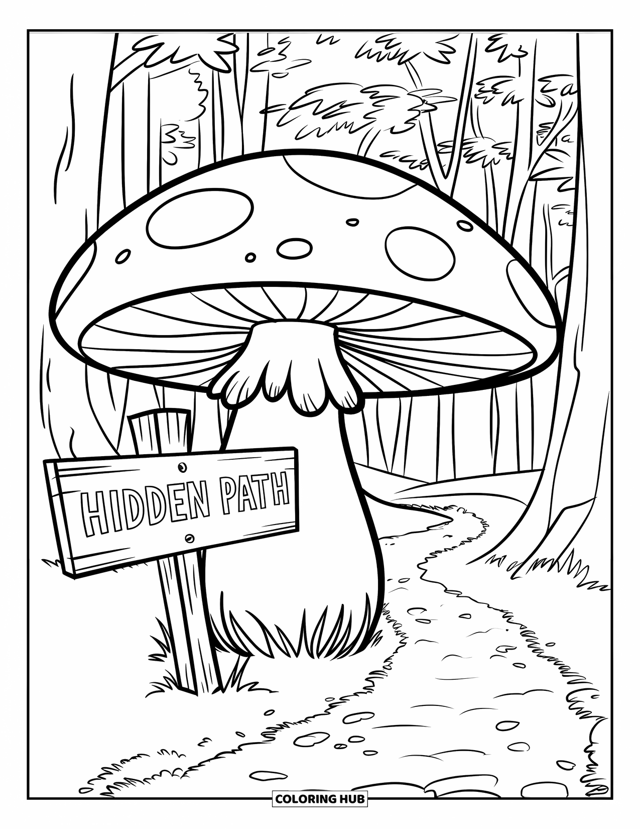 Mushroom Coloring Page for Kids: A hidden path sign beside a large mushroom