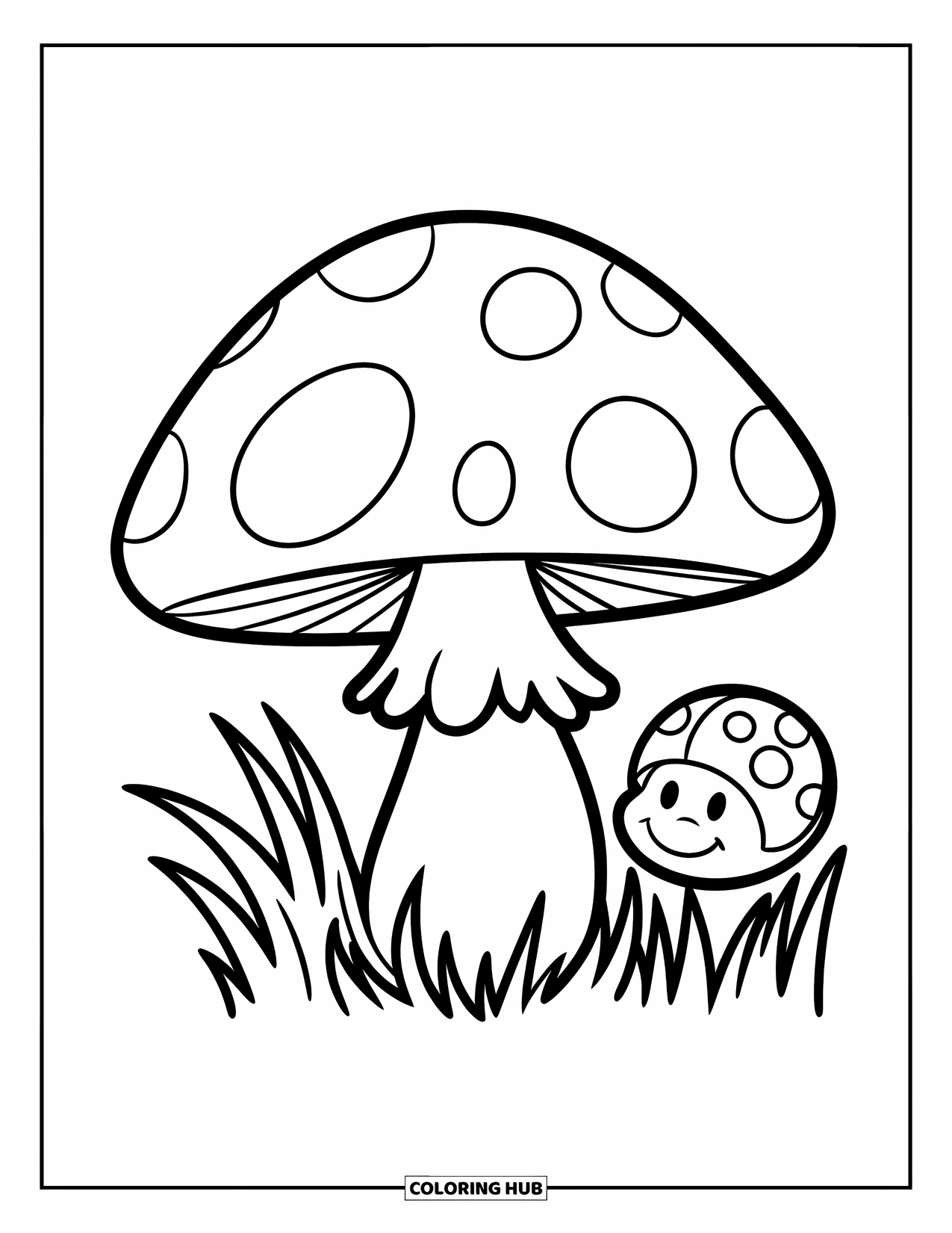 Mushroom Coloring Page for Kids: A ladybug crawling near a mushroom in the grass