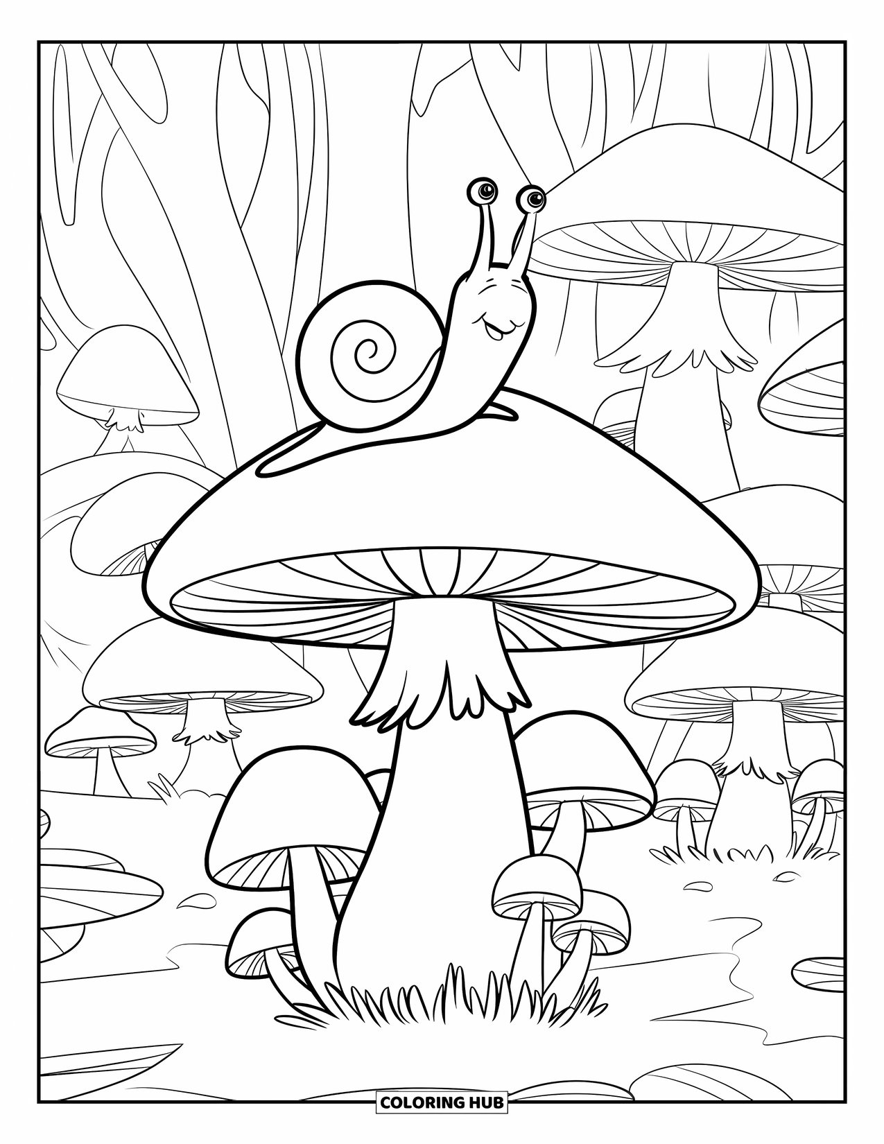 Mushroom Coloring Page for Kids: A large mushroom with a cute snail sitting on top