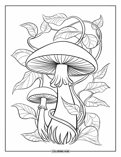 Mushroom Coloring Page for Kids: A large mushroom with vines and leaves intertwined