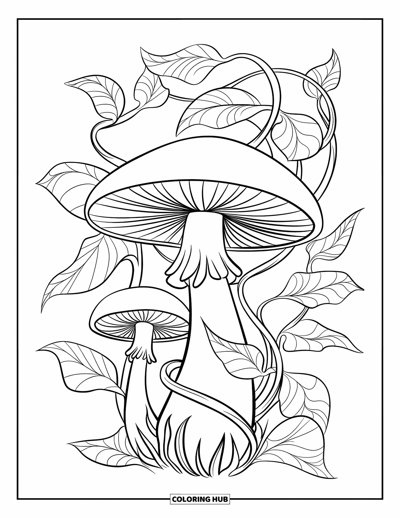 Mushroom Coloring Page for Kids: A large mushroom with vines and leaves intertwined