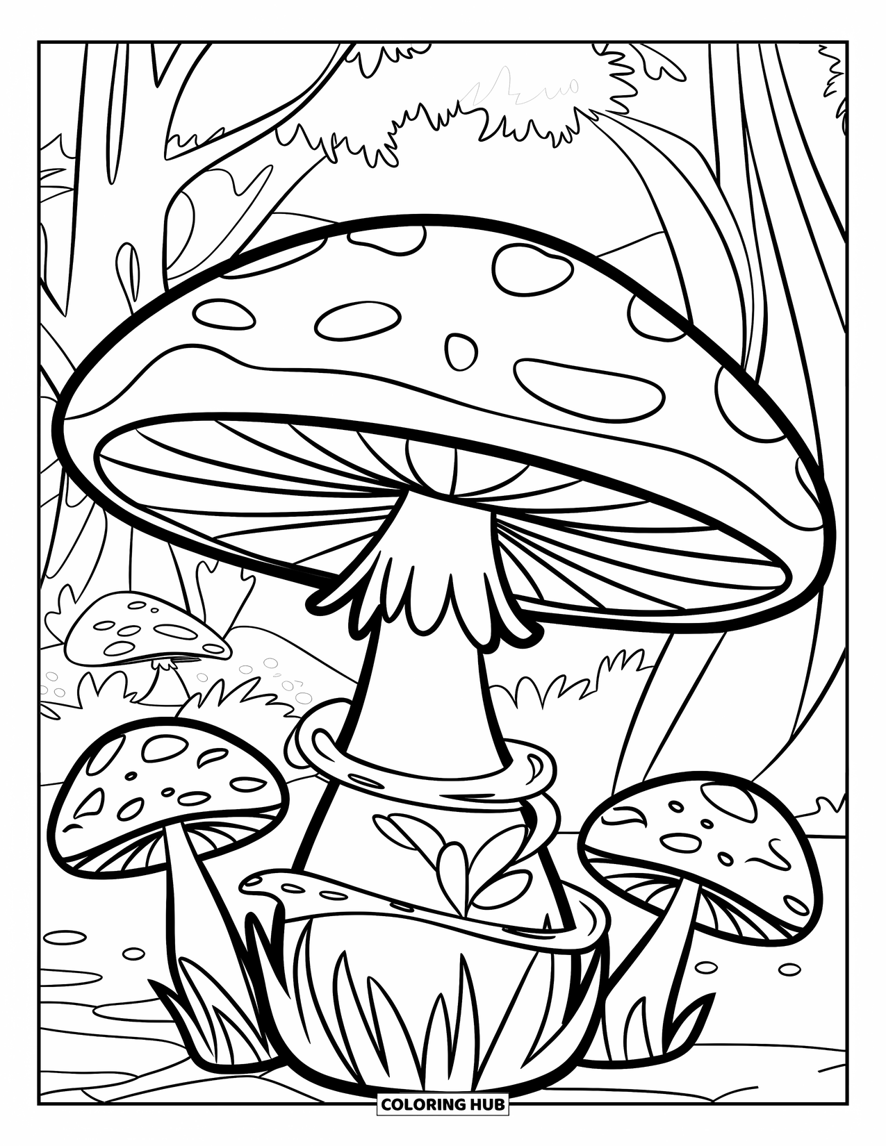 Mushroom Coloring Page for Kids: A large mushroom with vines in a magical forest