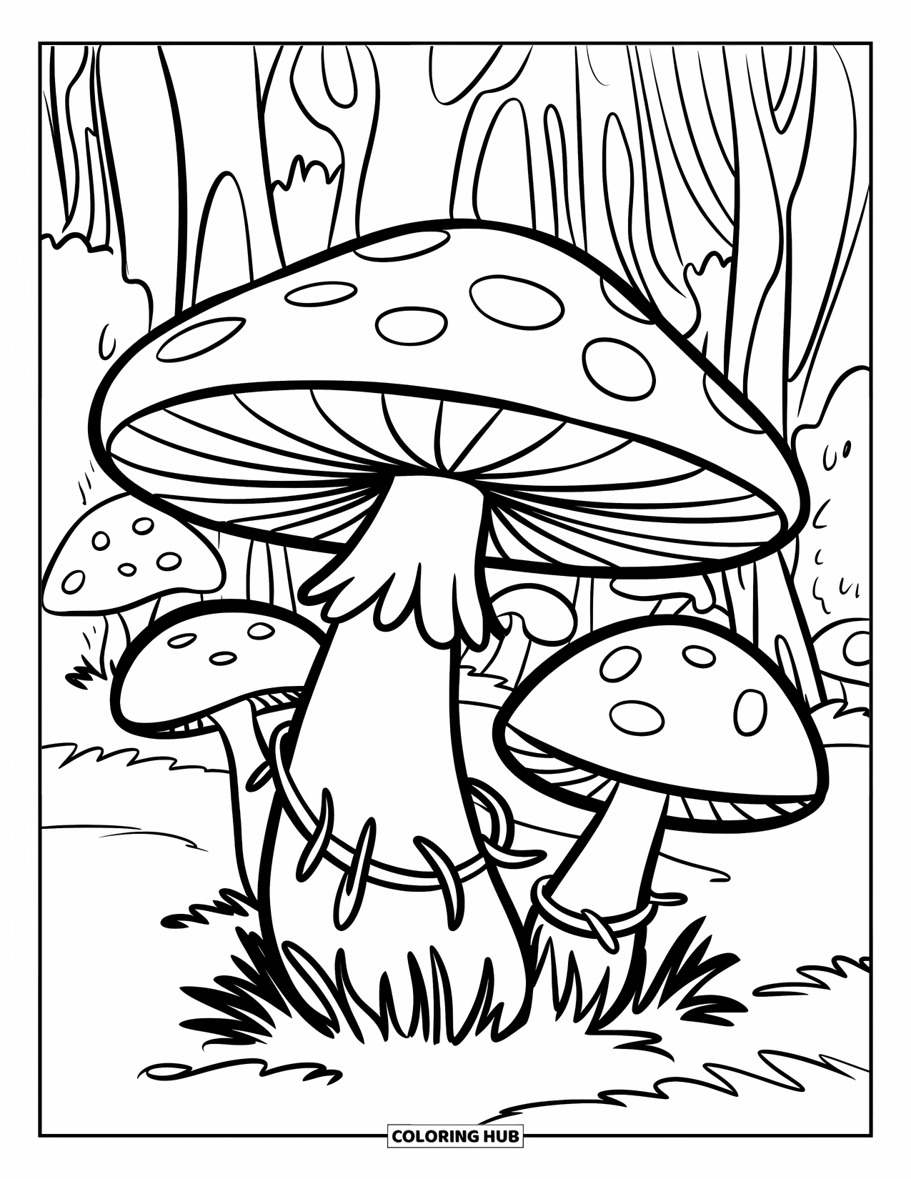 Mushroom Coloring Page for Kids: A large mushroom with vines wrapping around the stem