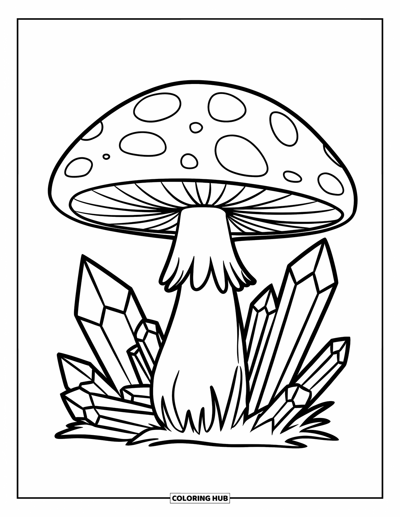Mushroom Coloring Page for Kids: A magical mushroom with crystals growing around it