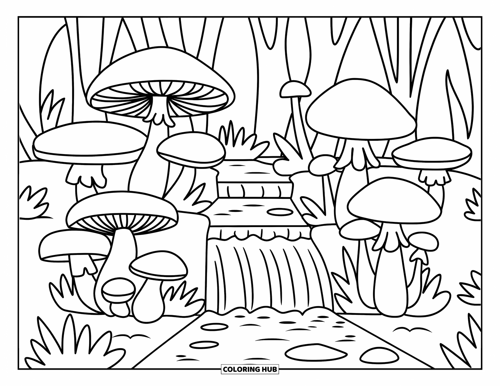 Mushroom Coloring Page for Kids: A mushroom grove with a tiny waterfall and pebbles