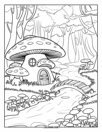 Mushroom Coloring Page for Kids: A mushroom house by a stream with a small bridge