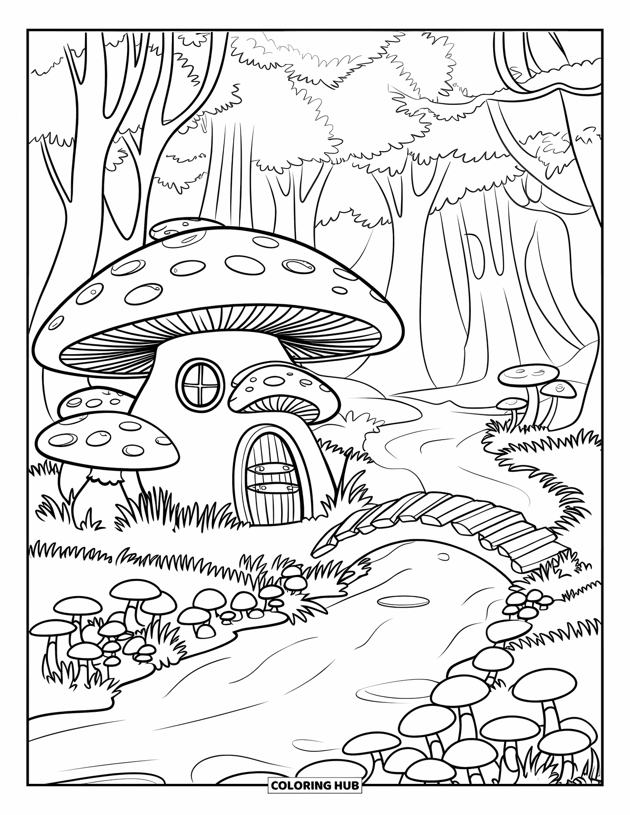 Mushroom Coloring Page for Kids: A mushroom house by a stream with a small bridge