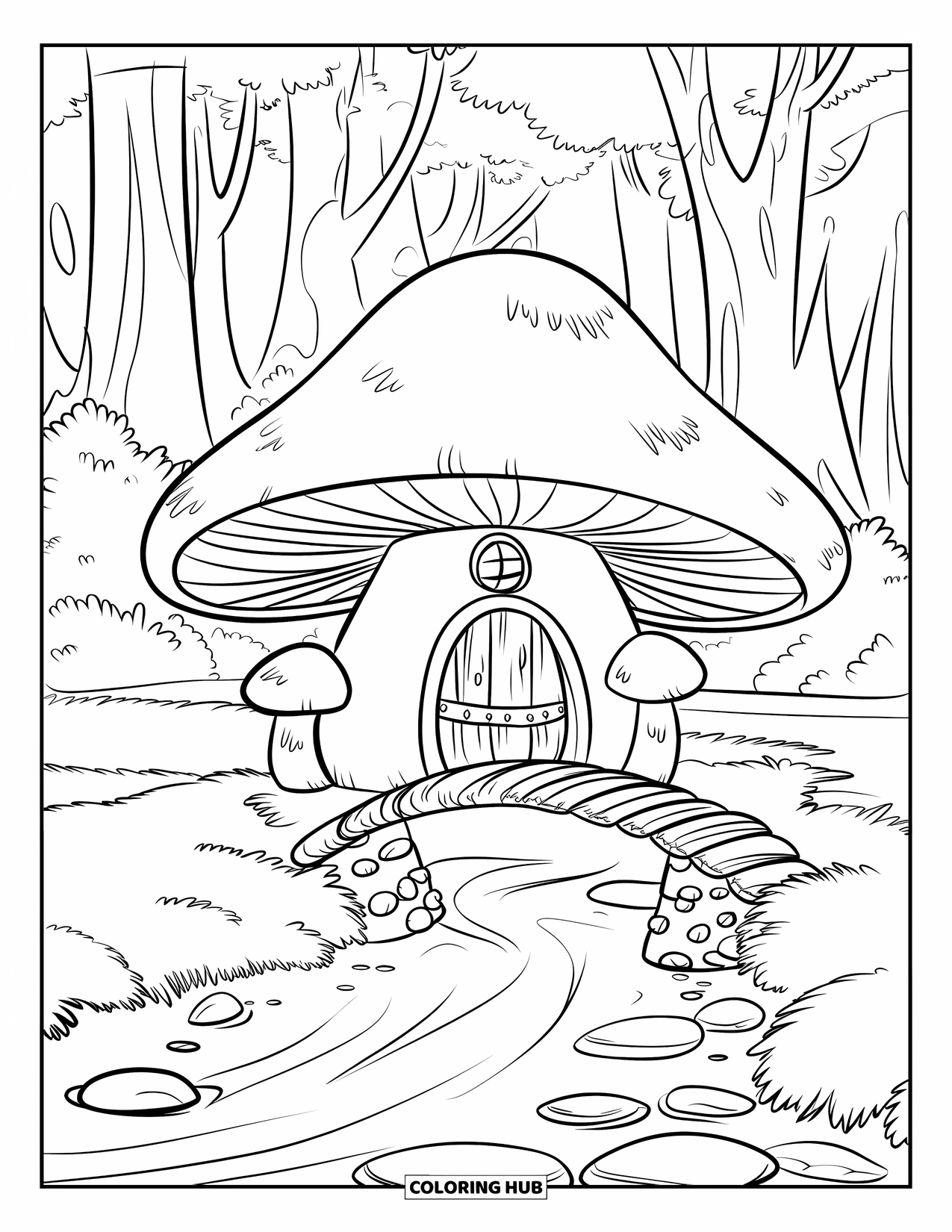 Mushroom Coloring Page for Kids: A mushroom house with a bridge over a stream