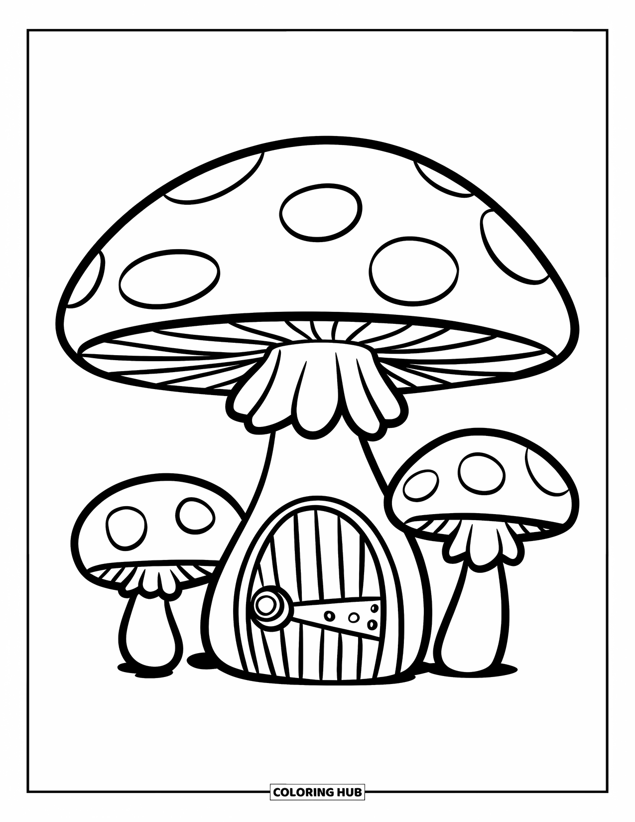 Mushroom Coloring Page for Kids: A mushroom house with a round door and tiny windows