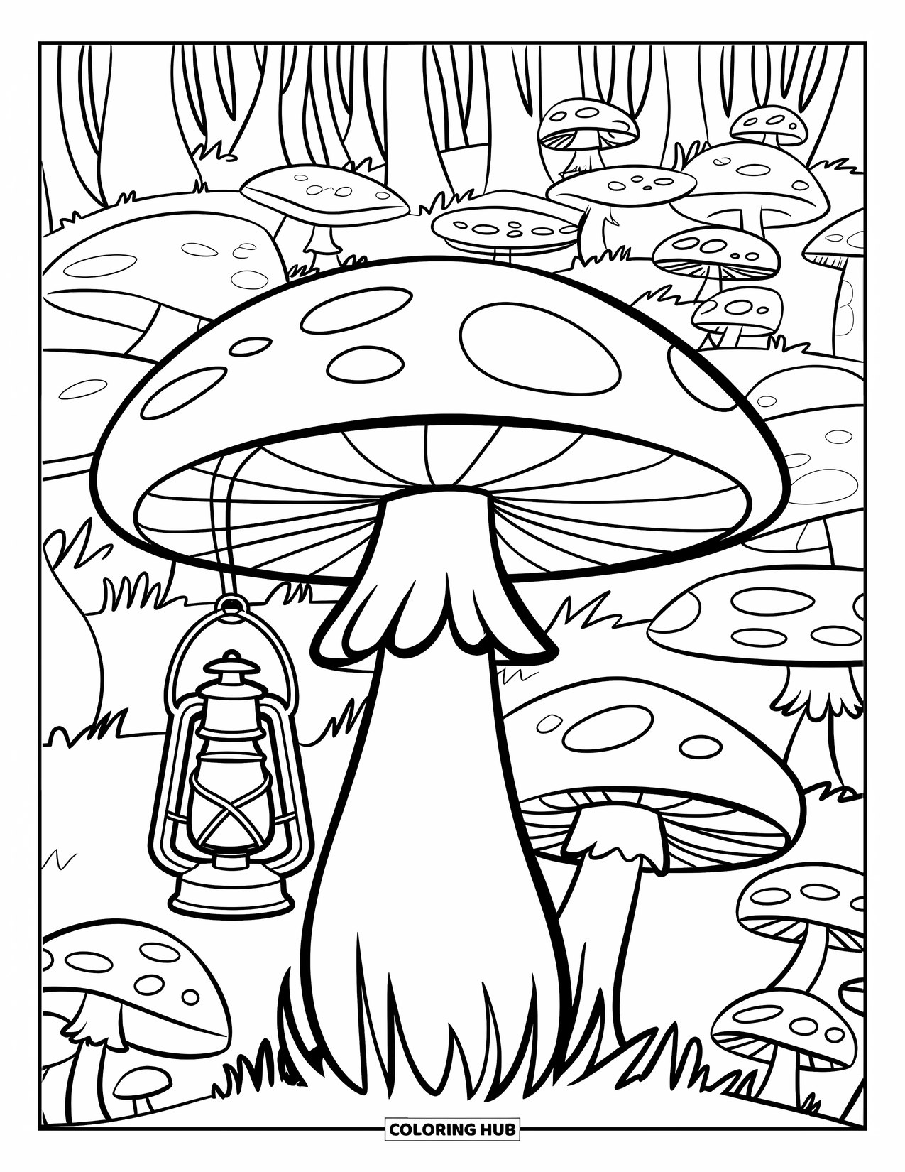 Mushroom Coloring Page for Kids: A mushroom stem with a lantern swinging