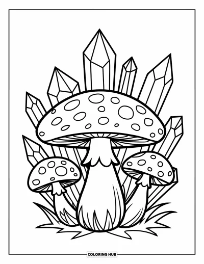 Mushroom Coloring Page for Kids: A mushroom surrounded by crystals in a magical setting
