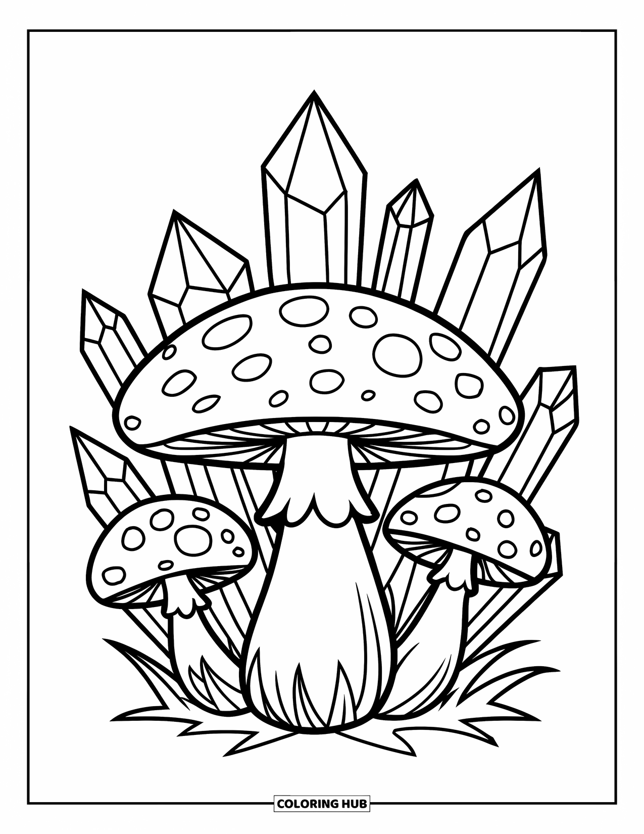 Mushroom Coloring Page for Kids: A mushroom surrounded by crystals in a magical setting