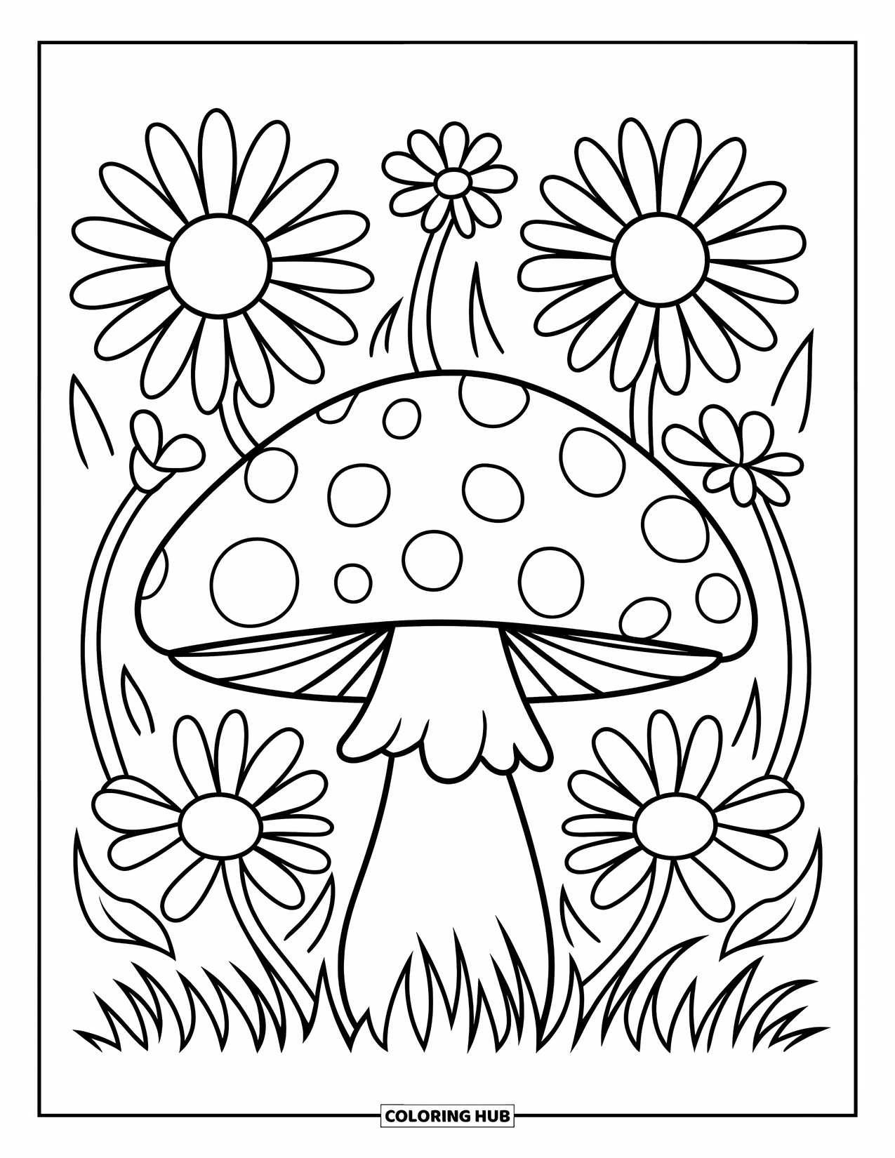 Mushroom Coloring Page for Kids: A mushroom surrounded by daisies and grass