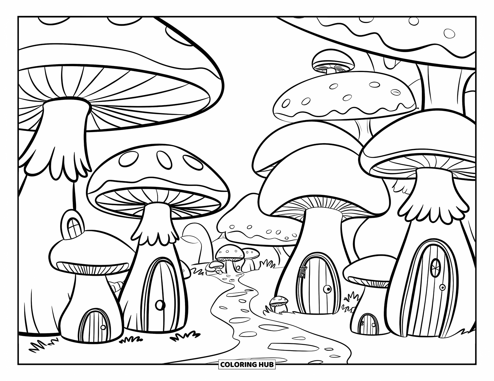 Mushroom Coloring Page for Kids: A mushroom village with tiny doors and windows