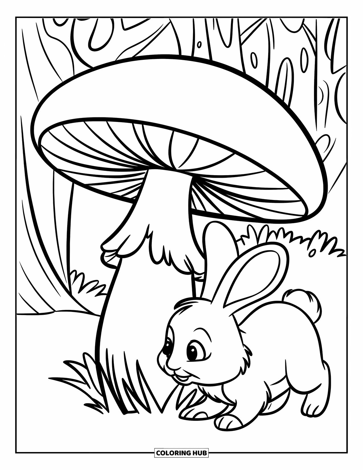 Mushroom Coloring Page for Kids: A mushroom with a curious bunny sniffing around
