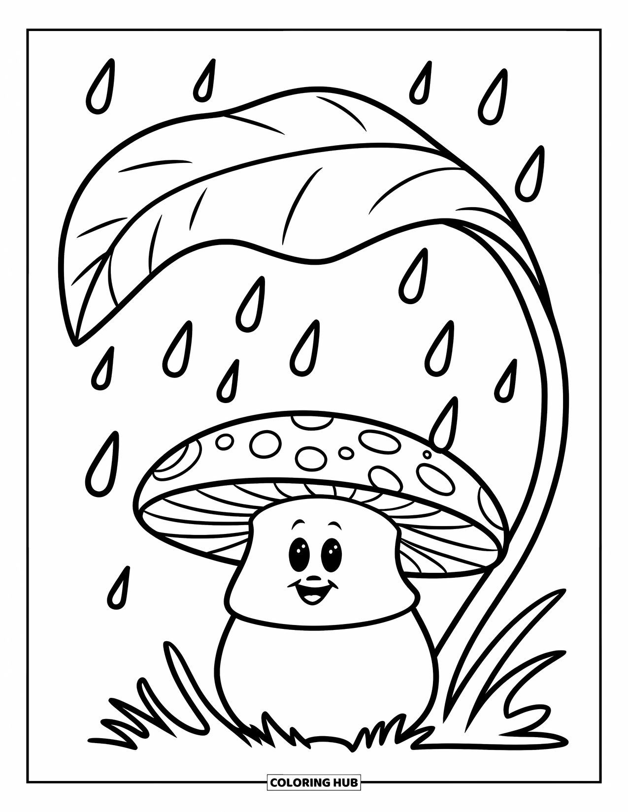 Mushroom Coloring Page for Kids: A mushroom with a curved leaf above, dripping with raindrops