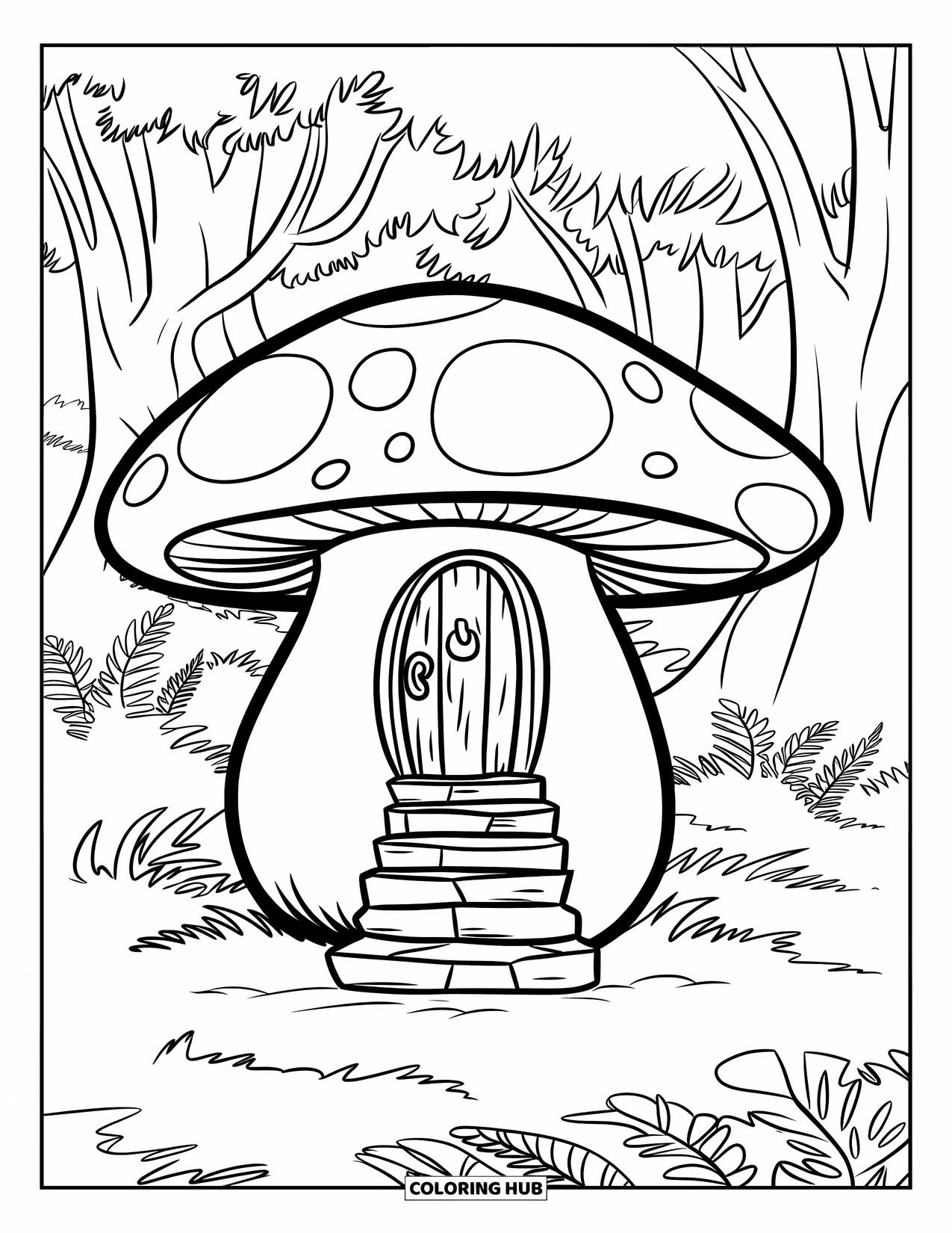 Mushroom Coloring Page for Kids: A mushroom with a door at the top of a staircase