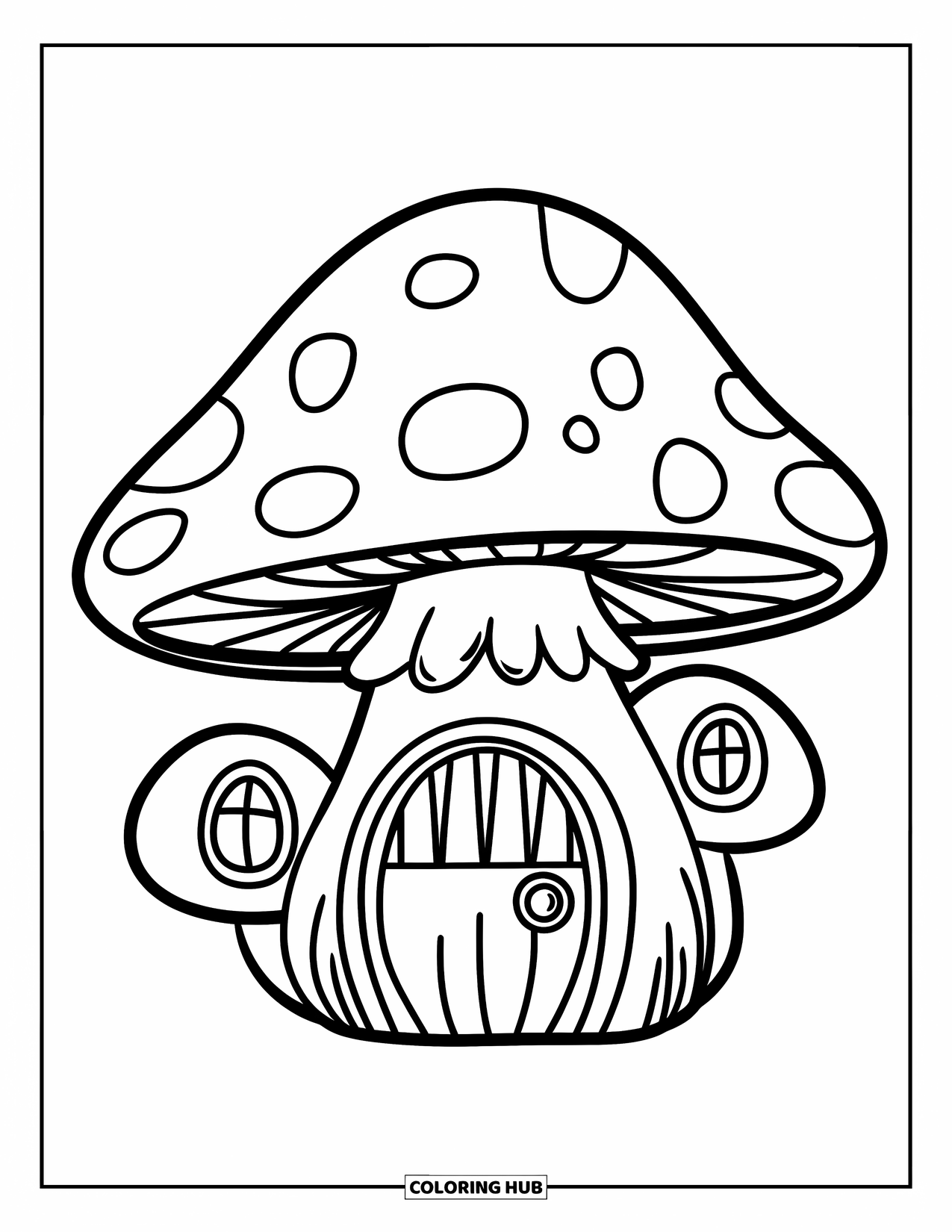 Mushroom Coloring Page for Kids: A mushroom with a fairy door and two little windows