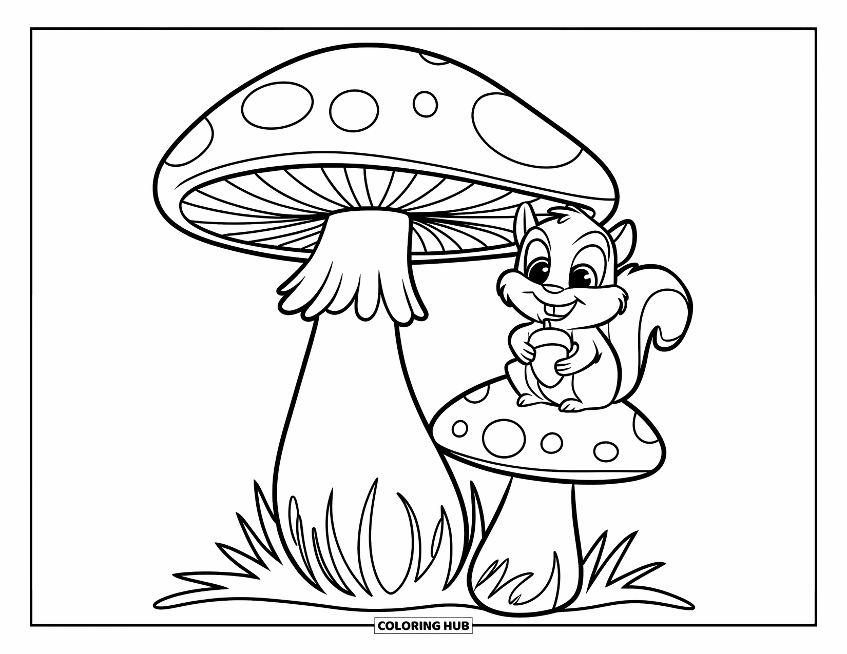 Mushroom Coloring Page for Kids: A mushroom with a happy squirrel holding an acorn