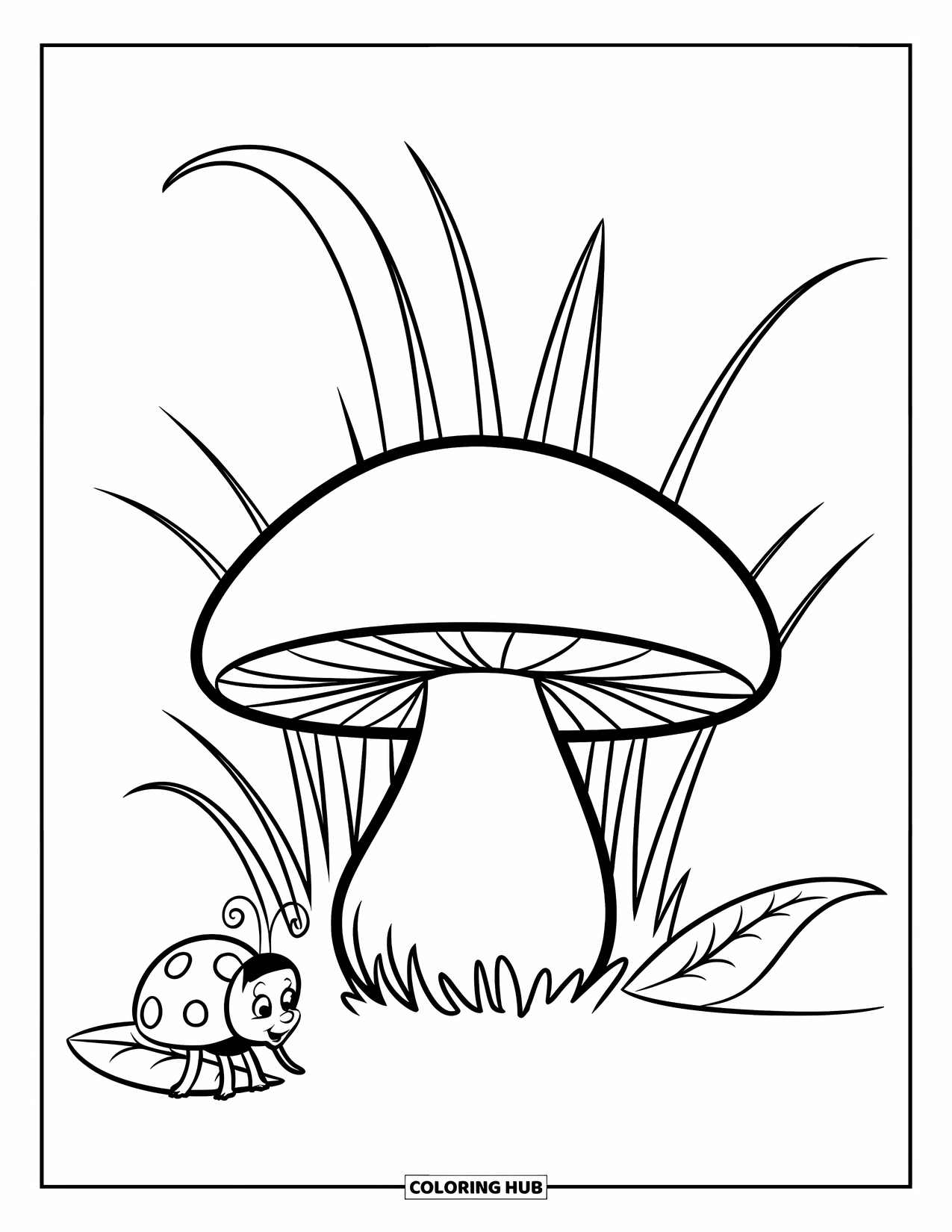 Mushroom Coloring Page for Kids: A mushroom with a ladybug and tall grass around