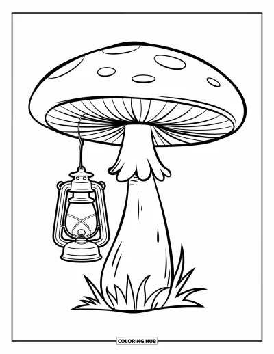 Mushroom Coloring Page for Kids: A mushroom with a lantern hanging from its stem