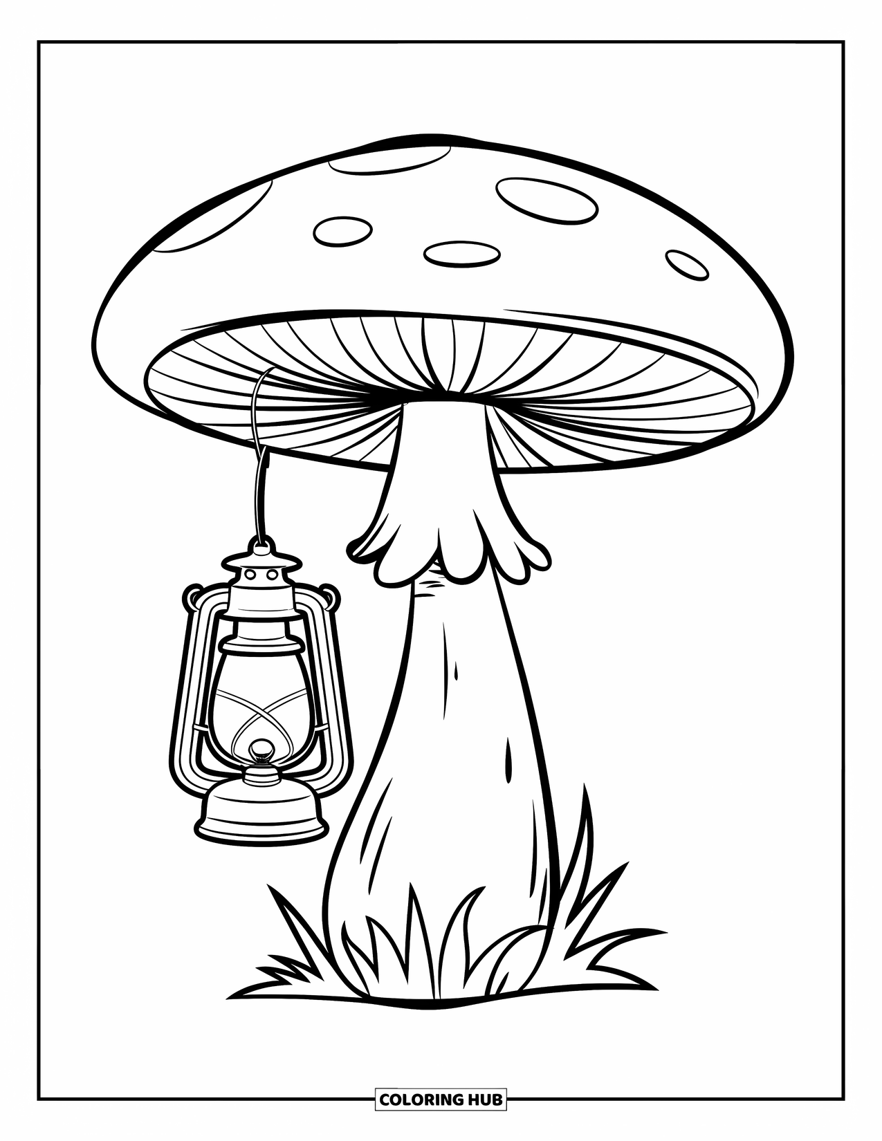 Mushroom Coloring Page for Kids: A mushroom with a lantern hanging from its stem