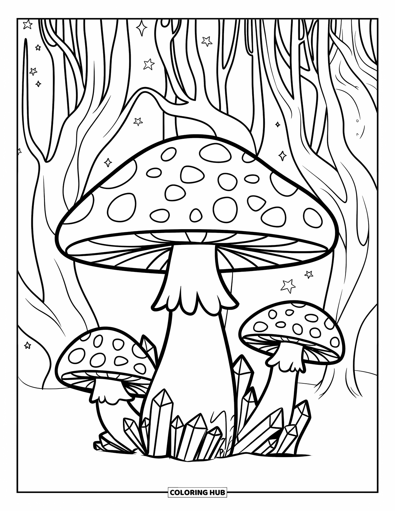 Mushroom Coloring Page for Kids: A mushroom with a ring of crystals and a starry sky