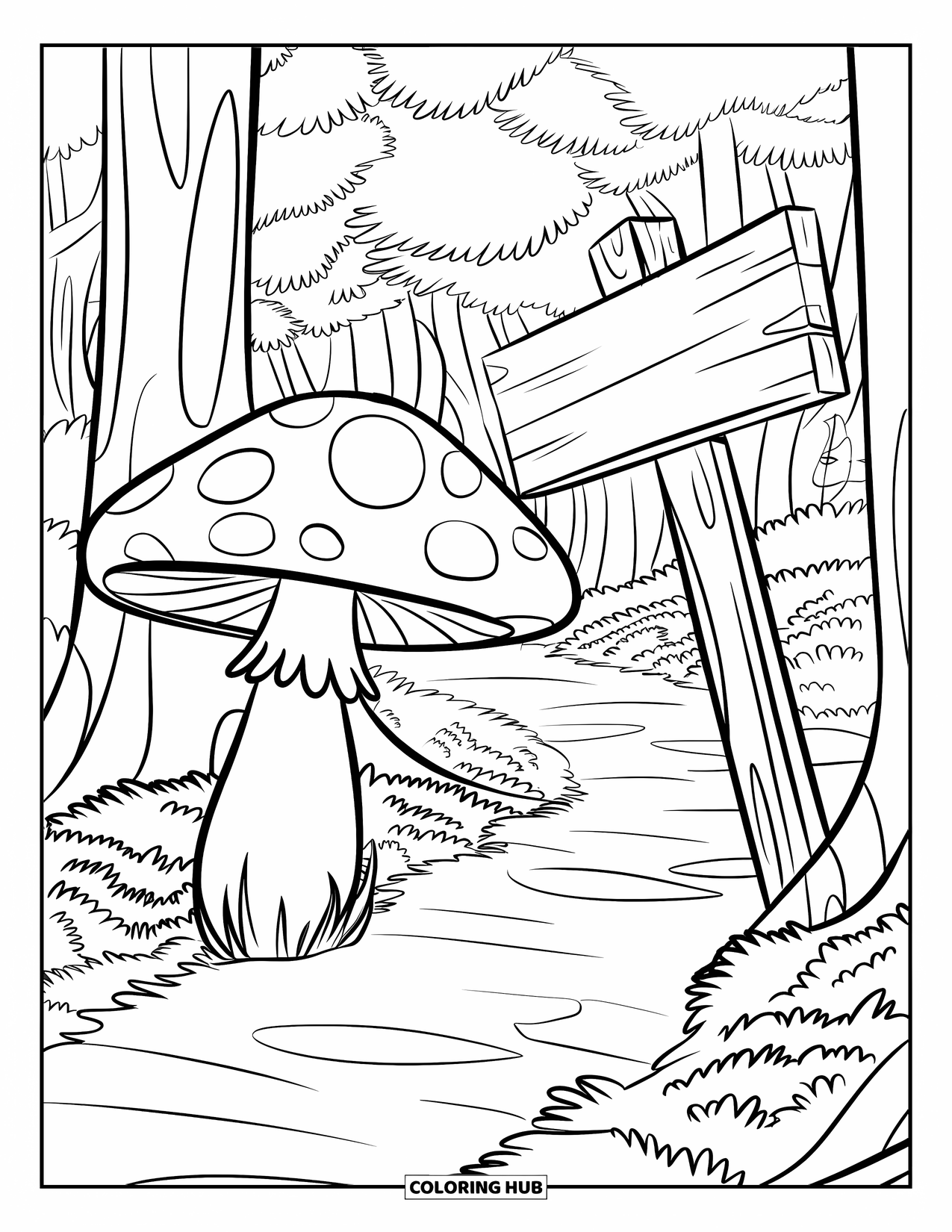 Mushroom Coloring Page for Kids: A mushroom with a sign saying "Hidden Path"