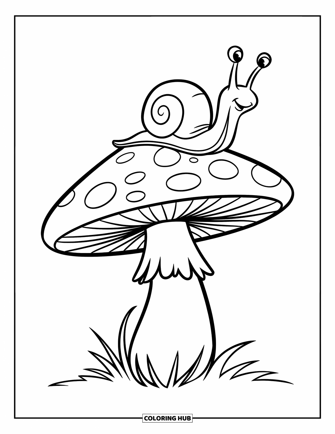 Mushroom Coloring Page for Kids: A mushroom with a snail perched on its smooth cap