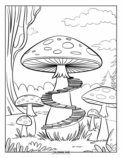Mushroom Coloring Page for Kids: A mushroom with a spiral staircase around its stem
