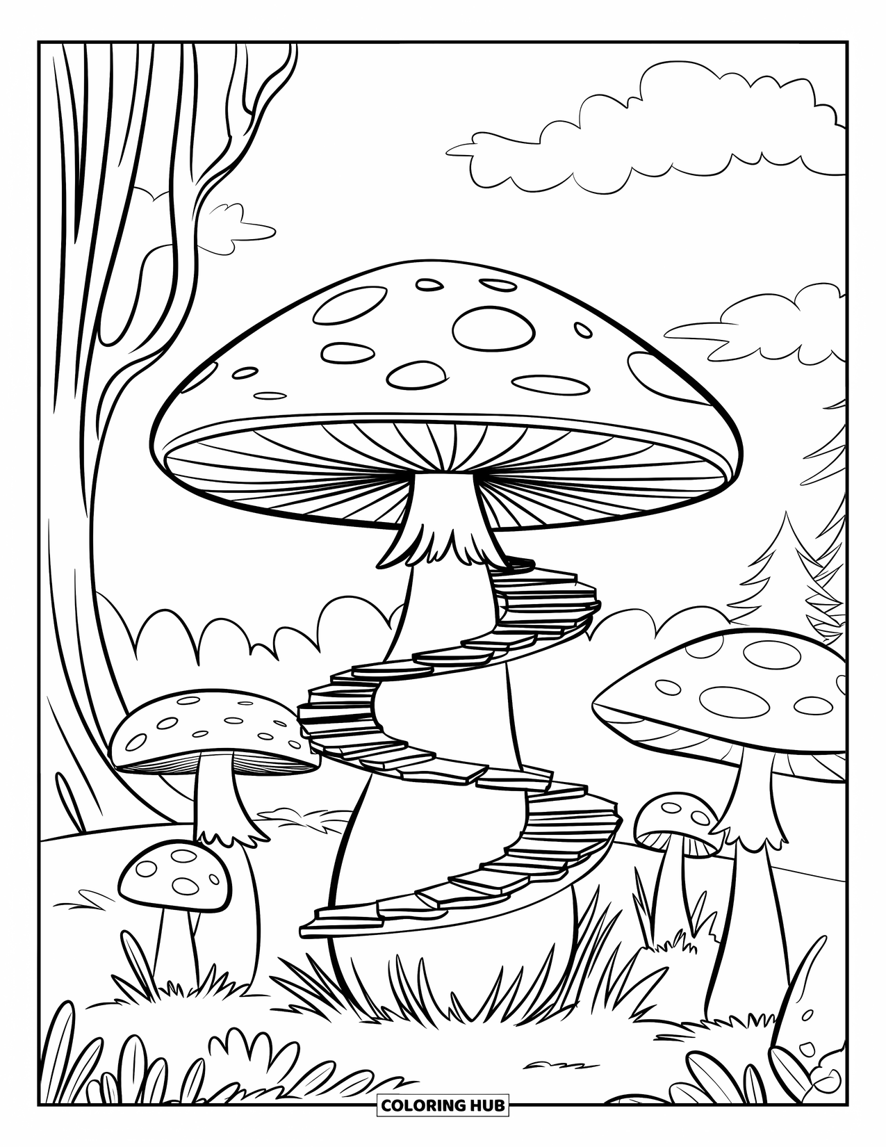 Mushroom Coloring Page for Kids: A mushroom with a spiral staircase around its stem