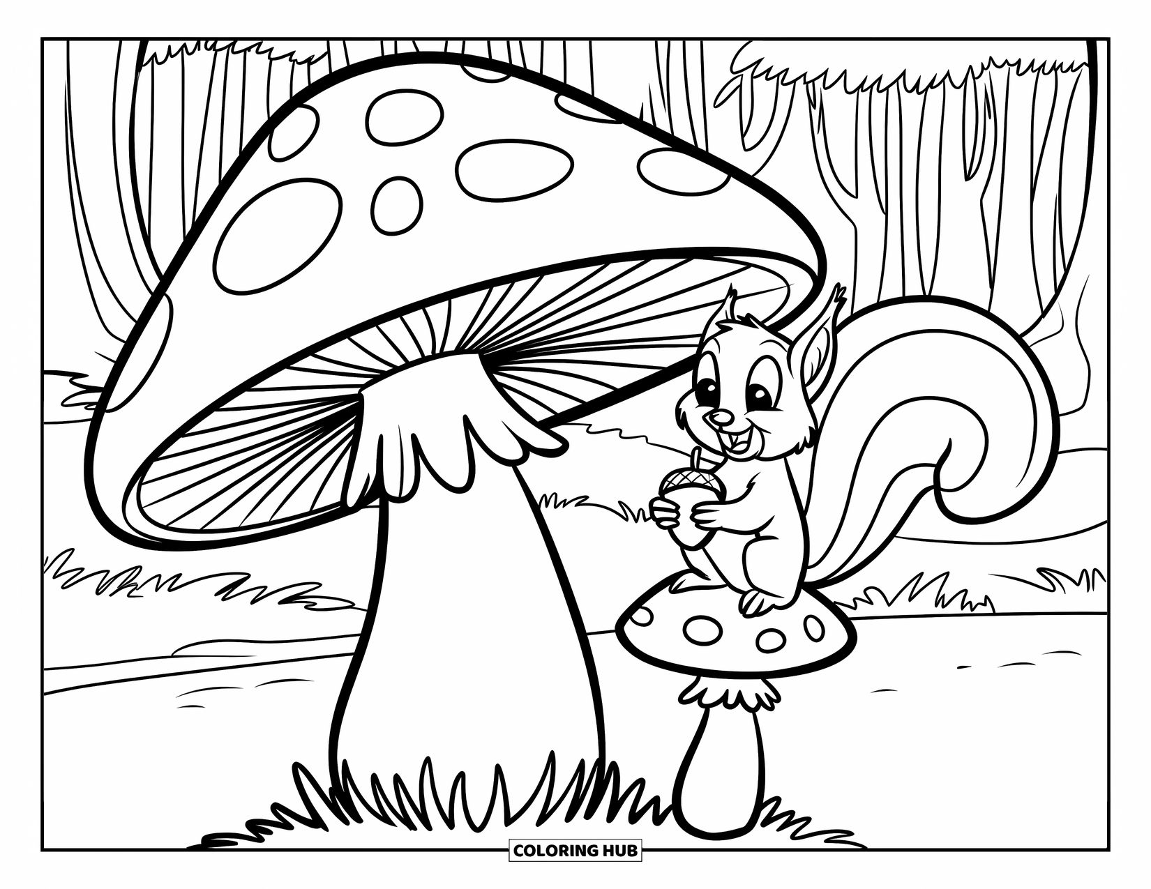 Mushroom Coloring Page for Kids: A mushroom with a squirrel and an acorn nearby