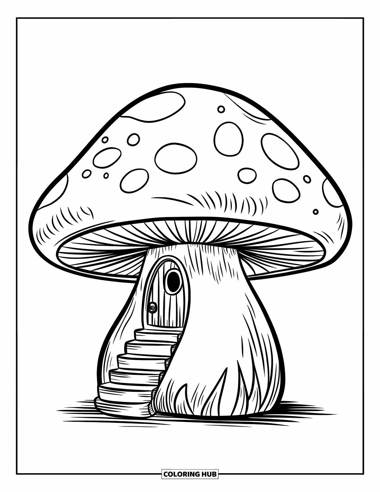 Mushroom Coloring Page for Kids: A mushroom with a staircase and a small hidden door