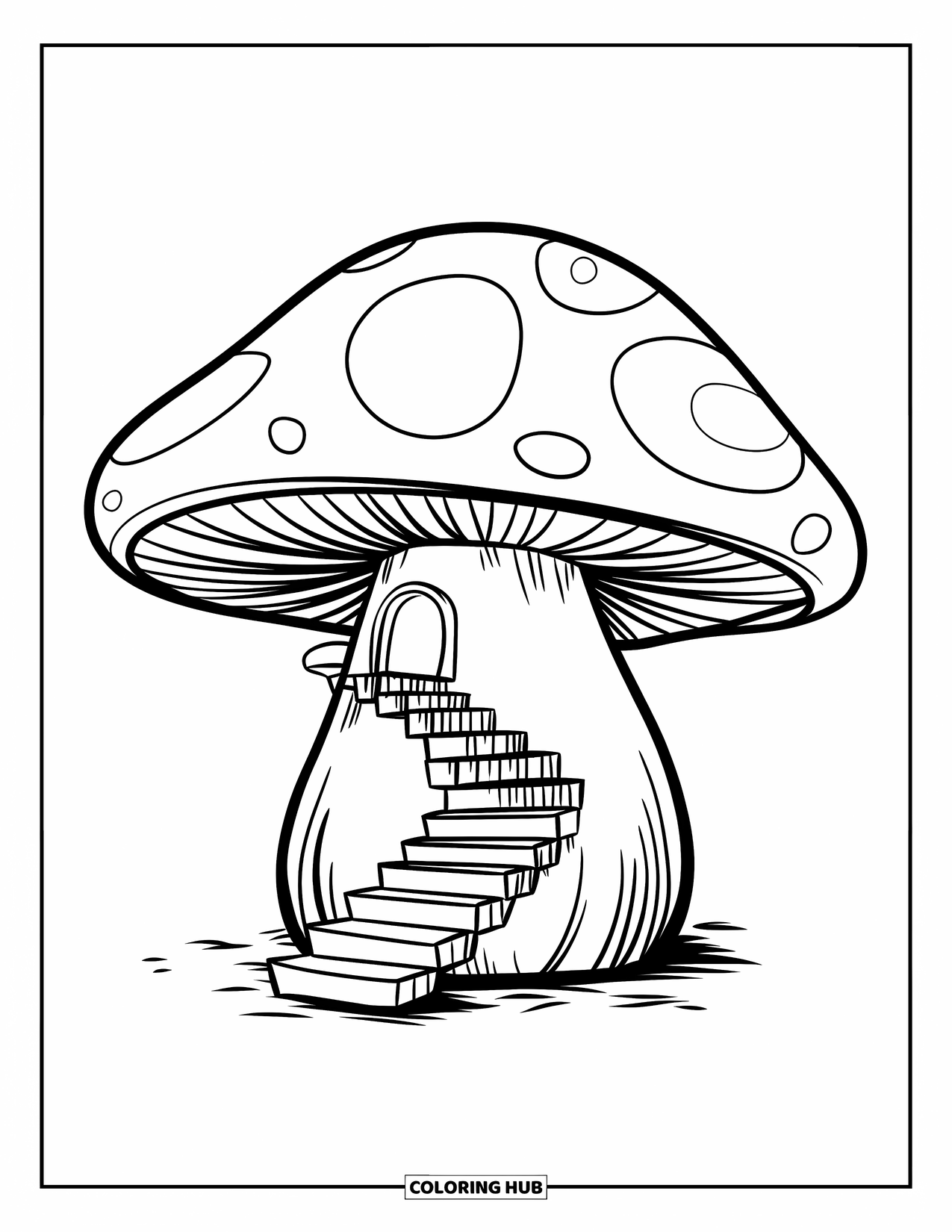 Mushroom Coloring Page for Kids: A mushroom with a staircase leading to a hidden door