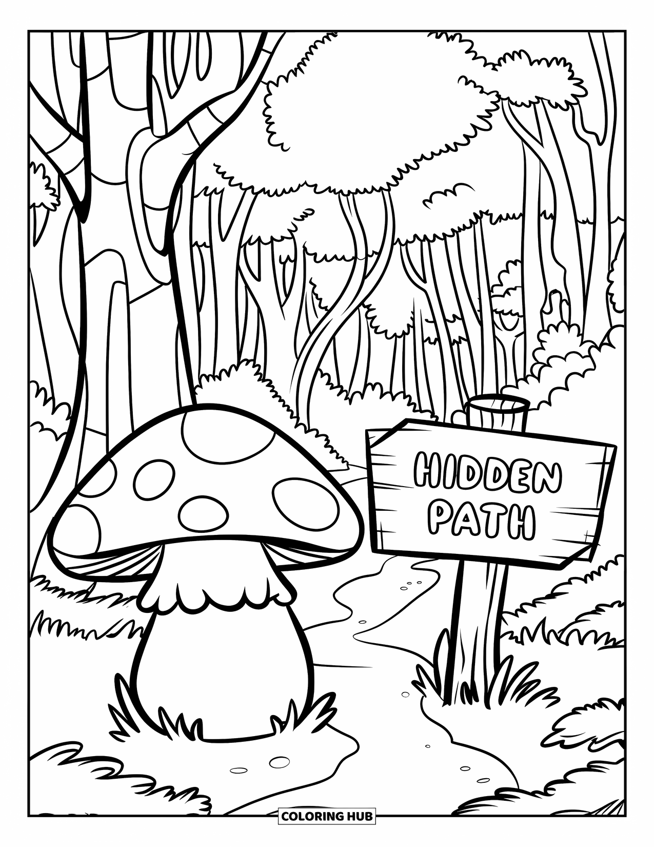 Mushroom Coloring Page for Kids: A mushroom with a wooden sign pointing to a hidden path