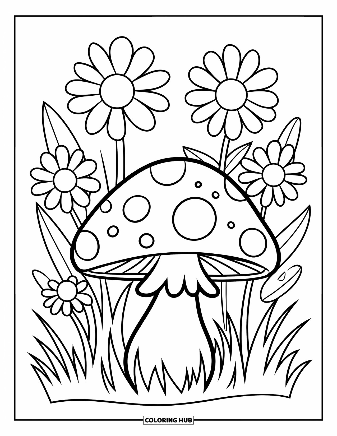 Mushroom Coloring Page for Kids: A mushroom with daisies and grass in a cheerful scene