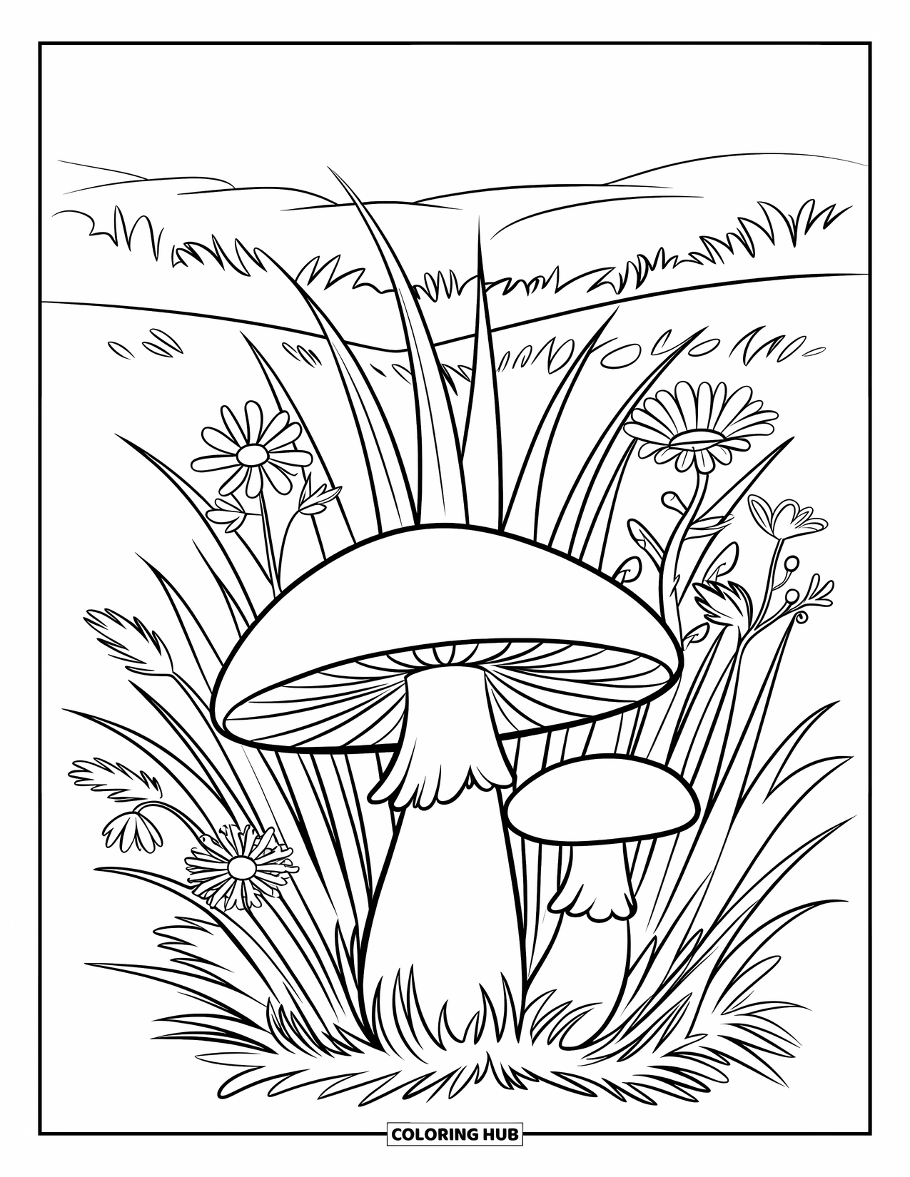 Mushroom Coloring Page for Kids: A mushroom with flowers and tall grass around it
