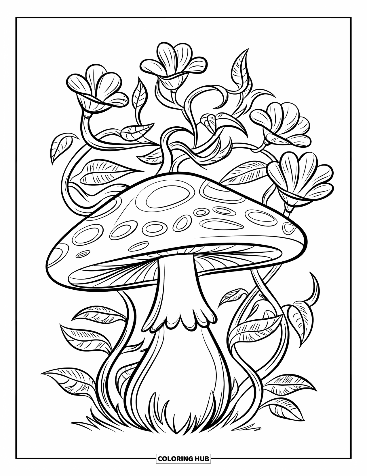 Mushroom Coloring Page for Kids: A mushroom with flowers and twisting vines