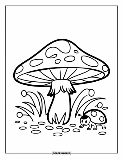 Mushroom Coloring Page for Kids: A mushroom with grass and a tiny ladybug nearby