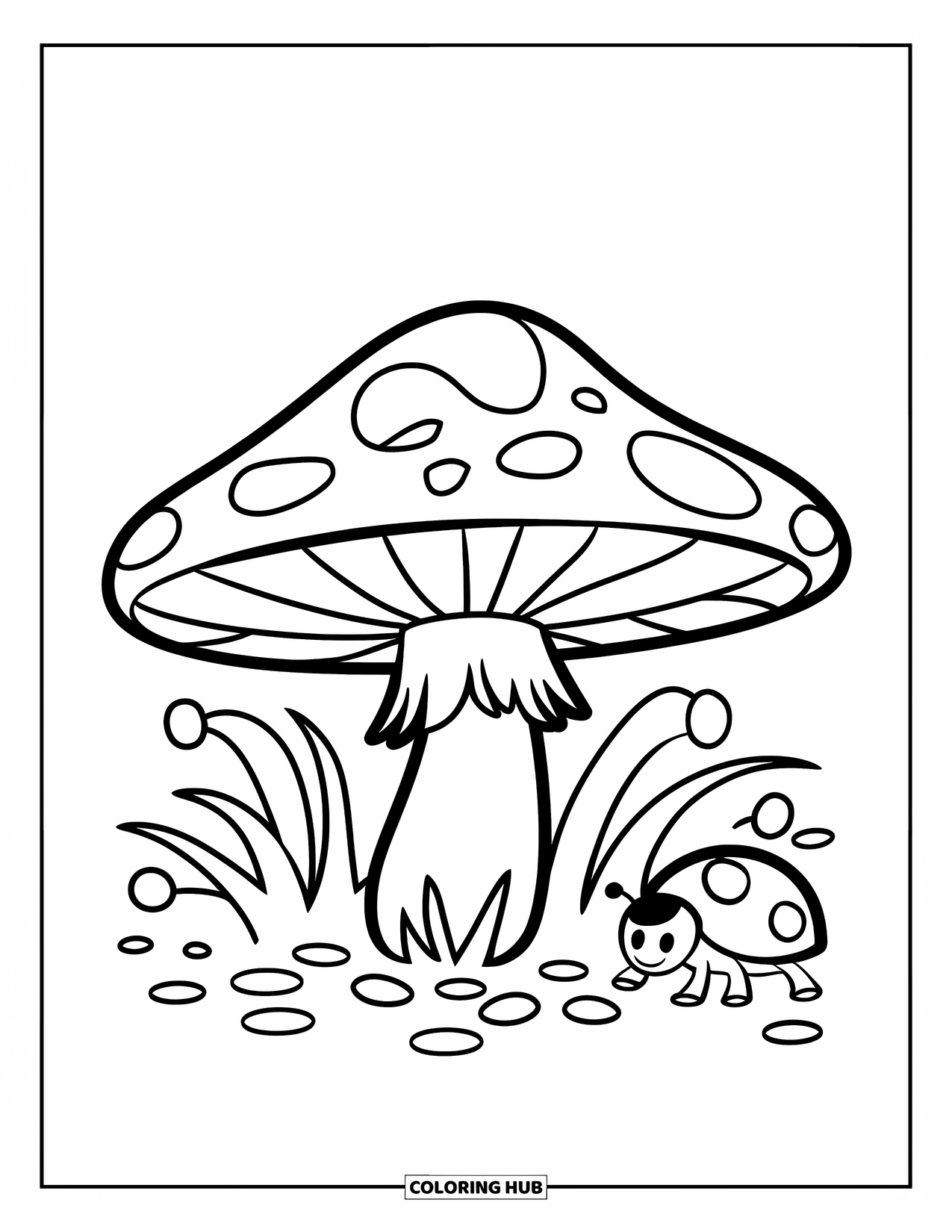 Mushroom Coloring Page for Kids: A mushroom with grass and a tiny ladybug nearby