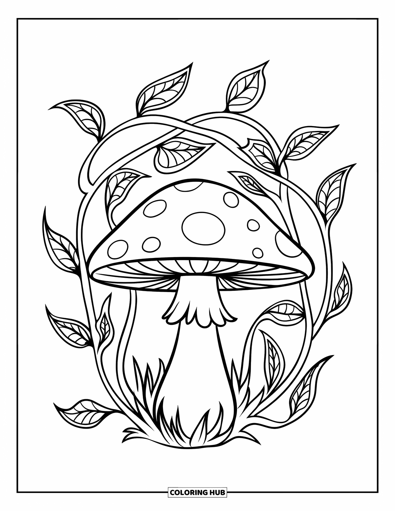 Mushroom Coloring Page for Kids: A mushroom with interwoven vines and leaves