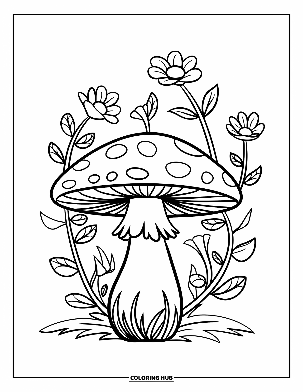 Mushroom Coloring Page for Kids: A mushroom with intricate vines and flowers