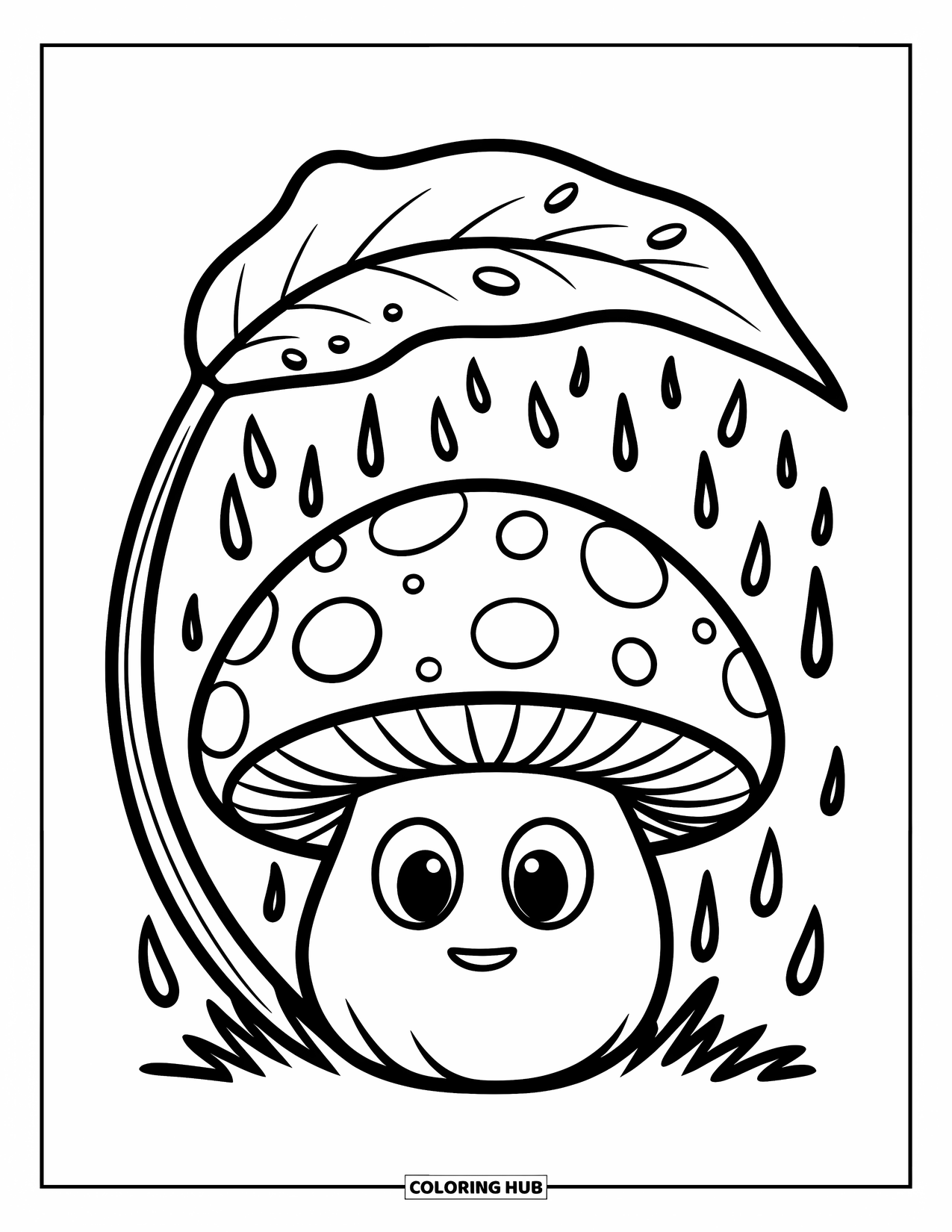 Mushroom Coloring Page for Kids: A mushroom with raindrops on a curved leaf above